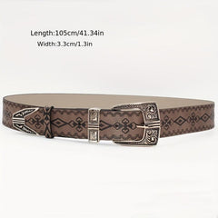 Vintage Embossed PU Belt Boho Carved Buckle Cowboy Cowgirl Waistband