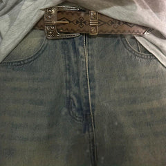 Vintage Embossed PU Belt Boho Carved Buckle Cowboy Cowgirl Waistband
