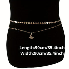 Double Layer Golden Waist Chain Rhinestone Decor Butterfly Pendant