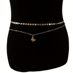 Double Layer Golden Waist Chain Rhinestone Decor Butterfly Pendant