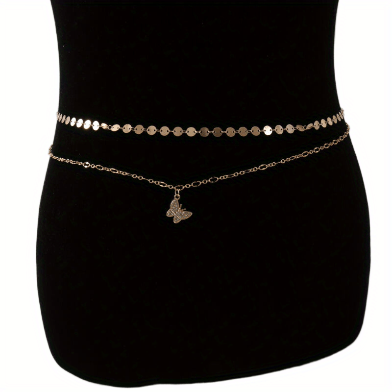 Double Layer Golden Waist Chain Rhinestone Decor Butterfly Pendant