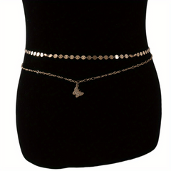 Double Layer Golden Waist Chain Rhinestone Decor Butterfly Pendant