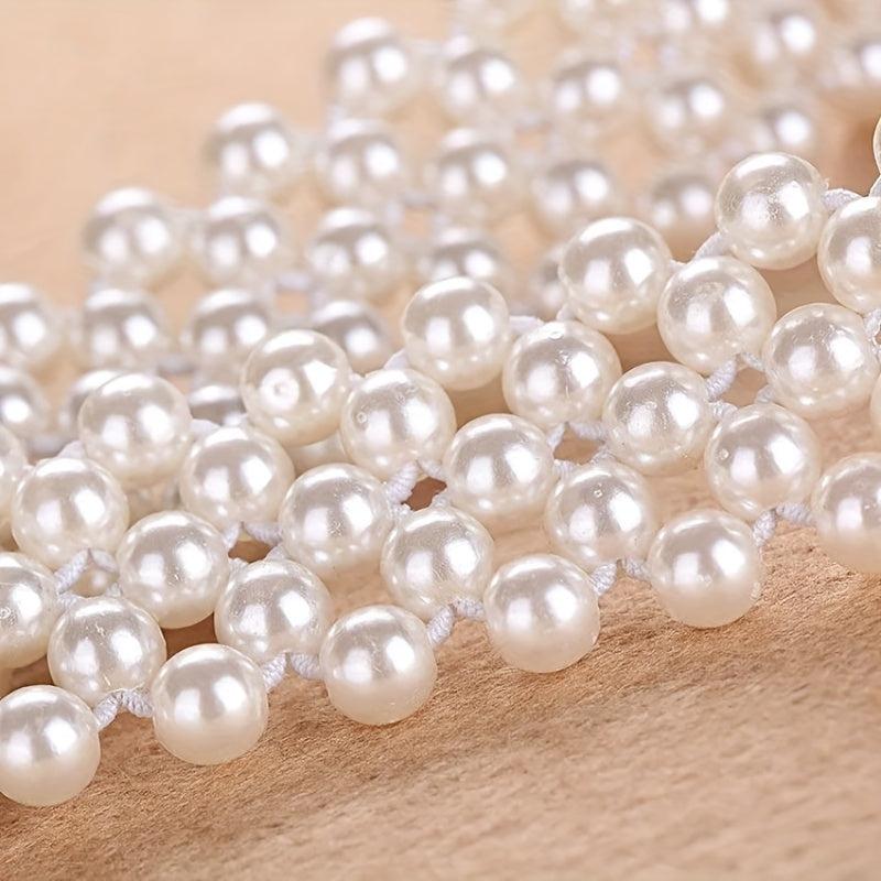 Elastic Faux Pearl Waist Chain Hollow Out Buckle Dress Girdle Chain Belts