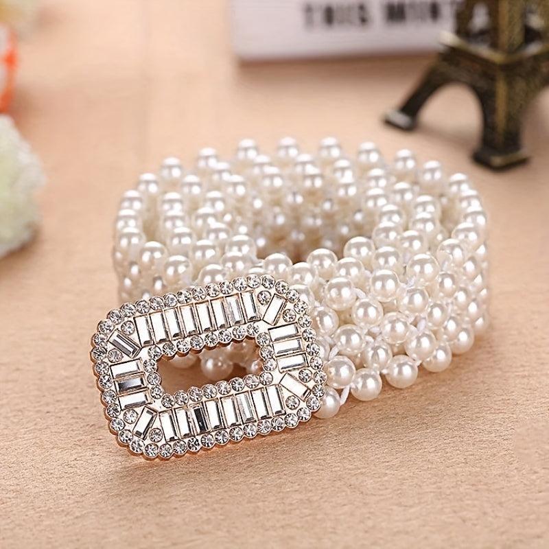 Elastic Faux Pearl Waist Chain Hollow Out Buckle Dress Girdle Chain Belts