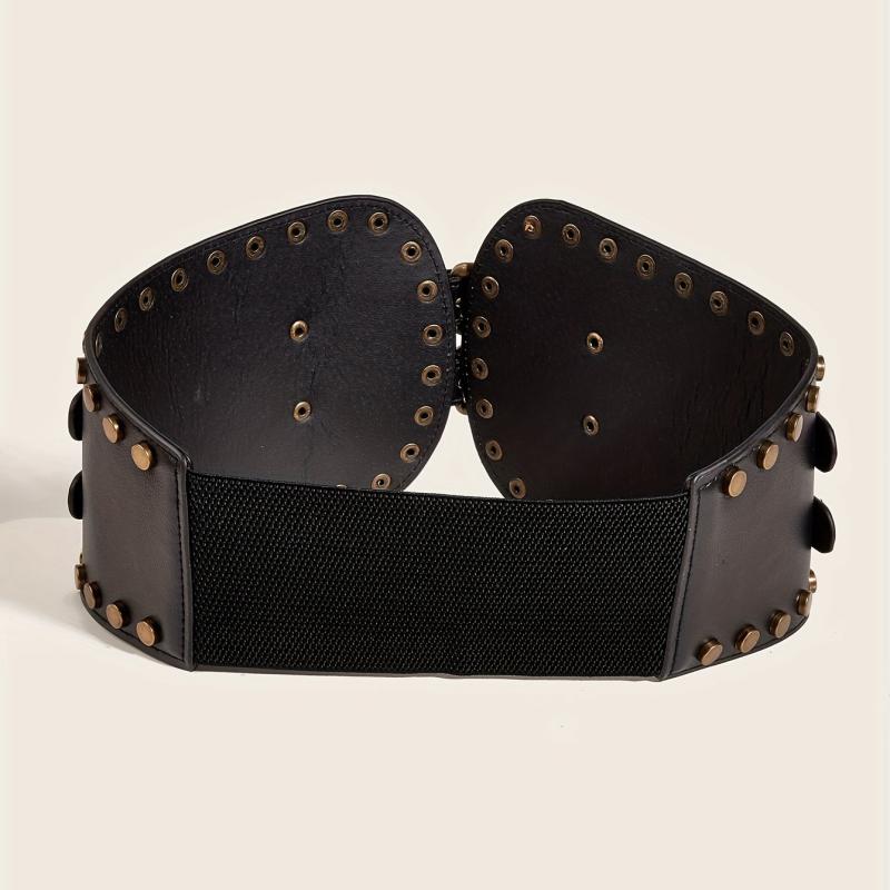 Vintage Punk Rivet Wide Belt Double Pin Buckle Waistband for Women