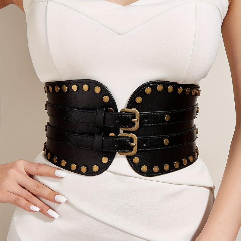 Vintage Punk Rivet Wide Belt Double Pin Buckle Waistband for Women