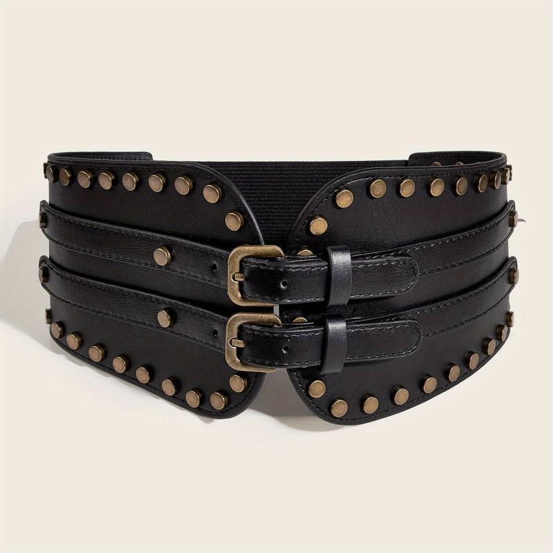 Vintage Punk Rivet Wide Belt Double Pin Buckle Waistband for Women