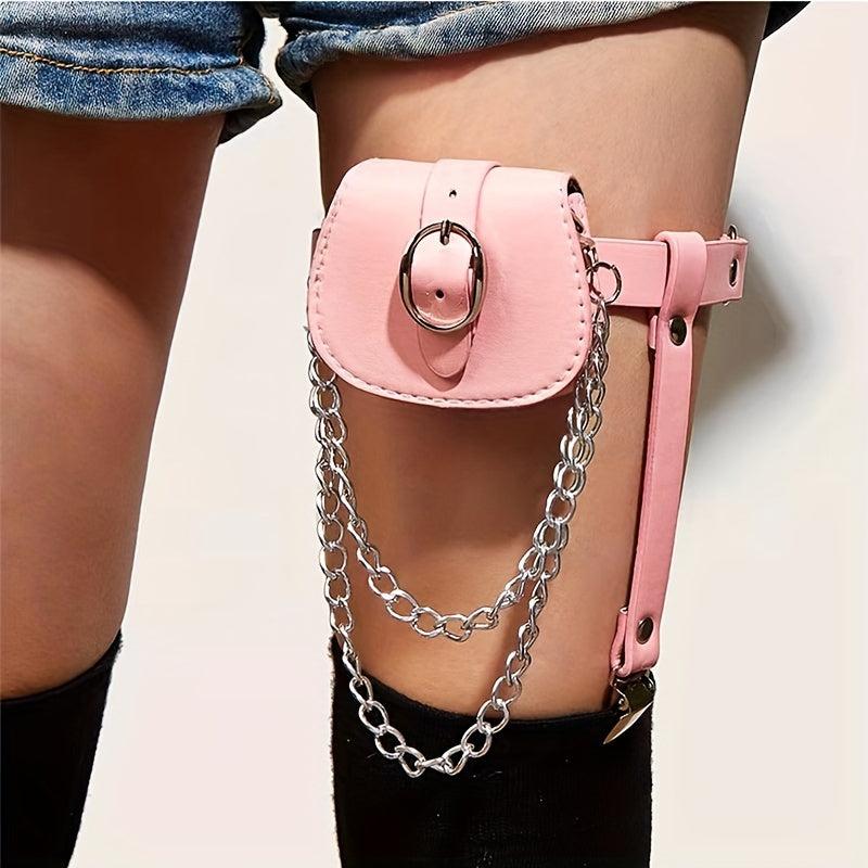 Pink PU Leather Leg Harness With Chain Fringe Purse