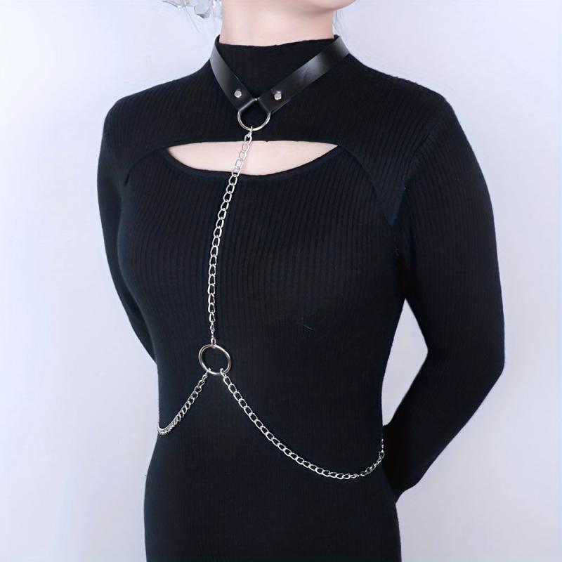 Chain Fringe Harness Punk Rivet PU Leather Waistband Neck Harness