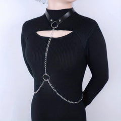 Chain Fringe Harness Punk Rivet PU Leather Waistband Neck Harness