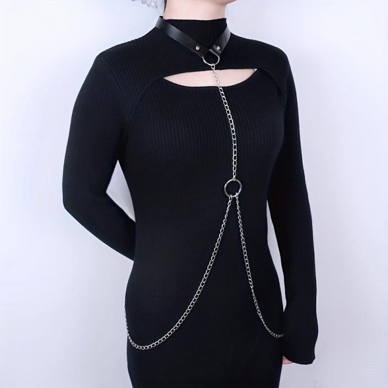 Chain Fringe Harness Punk Rivet PU Leather Waistband Neck Harness