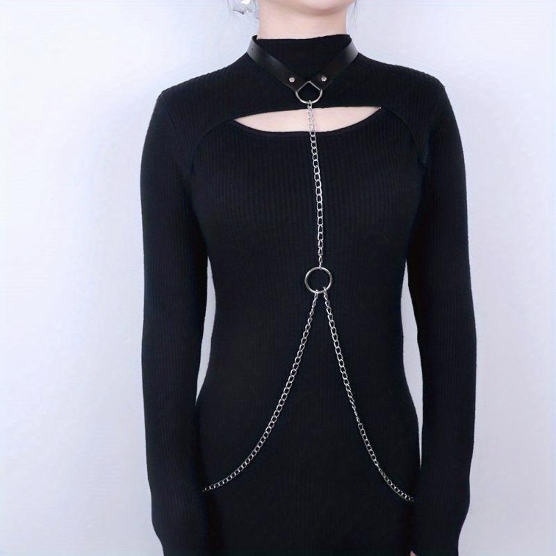 Chain Fringe Harness Punk Rivet PU Leather Waistband Neck Harness