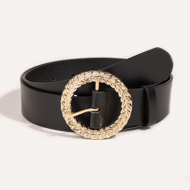 Women Jeans Belt PU Leather Round Leaf Buckle For Pants Dress Waist Belt