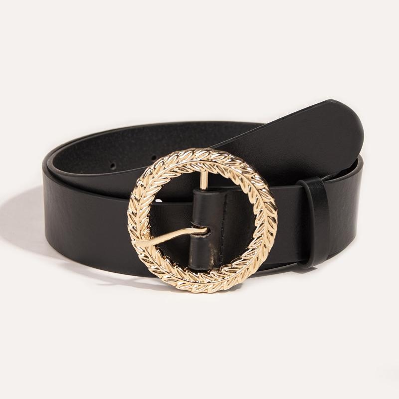 Women Jeans Belt PU Leather Round Leaf Buckle For Pants Dress Waist Belt
