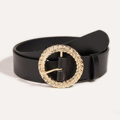 Women Jeans Belt PU Leather Round Leaf Buckle For Pants Dress Waist Belt