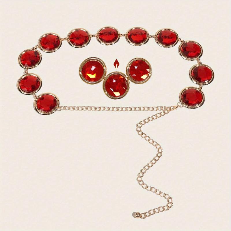 Wine Red Crystal Chain Belt Rhinestone Inlaid Women Girdle Dress Waistband