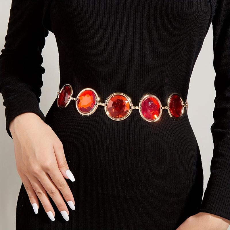 Wine Red Crystal Chain Belt Rhinestone Inlaid Women Girdle Dress Waistband