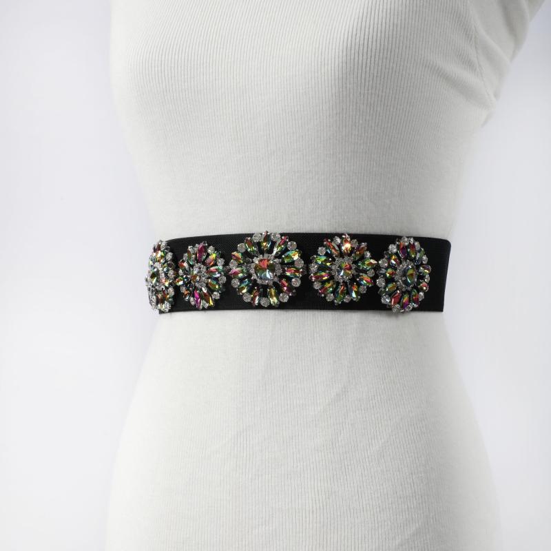 Rhinestone Flower Wide Belt Elastic Waistband for Women