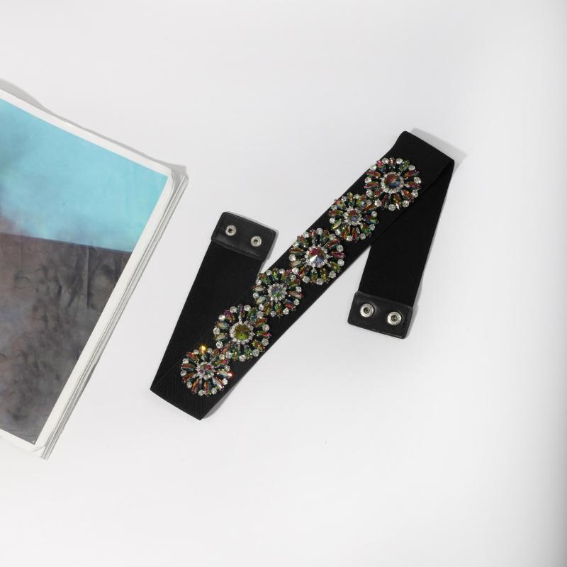 Rhinestone Flower Wide Belt Elastic Waistband for Women