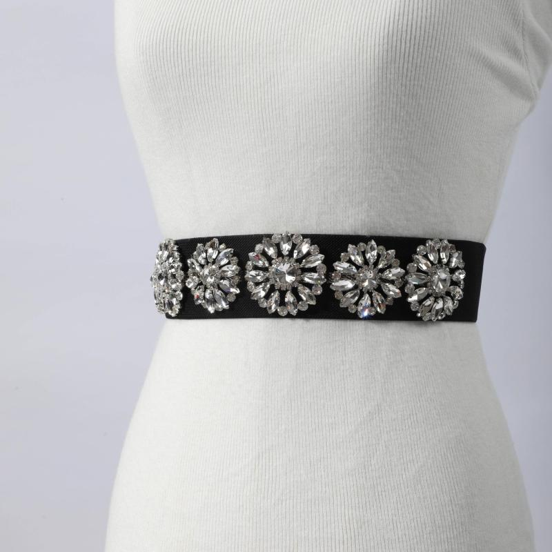 Rhinestone Flower Wide Belt Elastic Waistband for Women