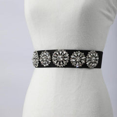 Rhinestone Flower Wide Belt Elastic Waistband for Women