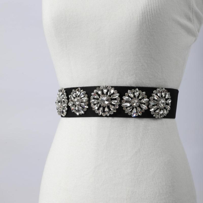 Rhinestone Flower Wide Belt Elastic Waistband for Women