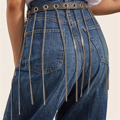 Chain Tassel Skirt Belt Hip Hop Eyelet Waistband PU Dress Girdle Jeans Pants Bel