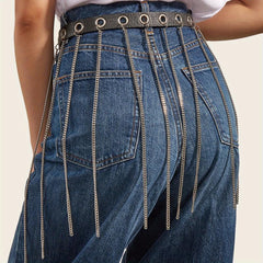 Chain Tassel Skirt Belt Hip Hop Eyelet Waistband PU Dress Girdle Jeans Pants Bel