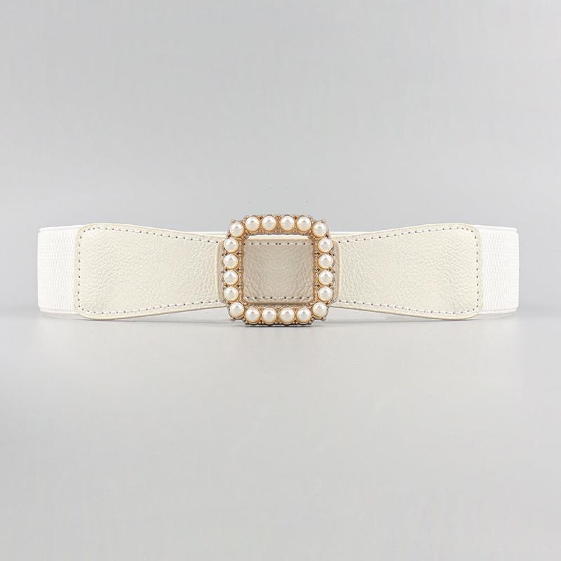 High Elasticity Ladies Square Buckle Pearl Belt With Dress
