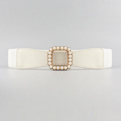 High Elasticity Ladies Square Buckle Pearl Belt With Dress