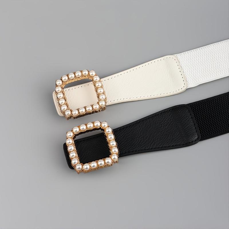 High Elasticity Ladies Square Buckle Pearl Belt With Dress