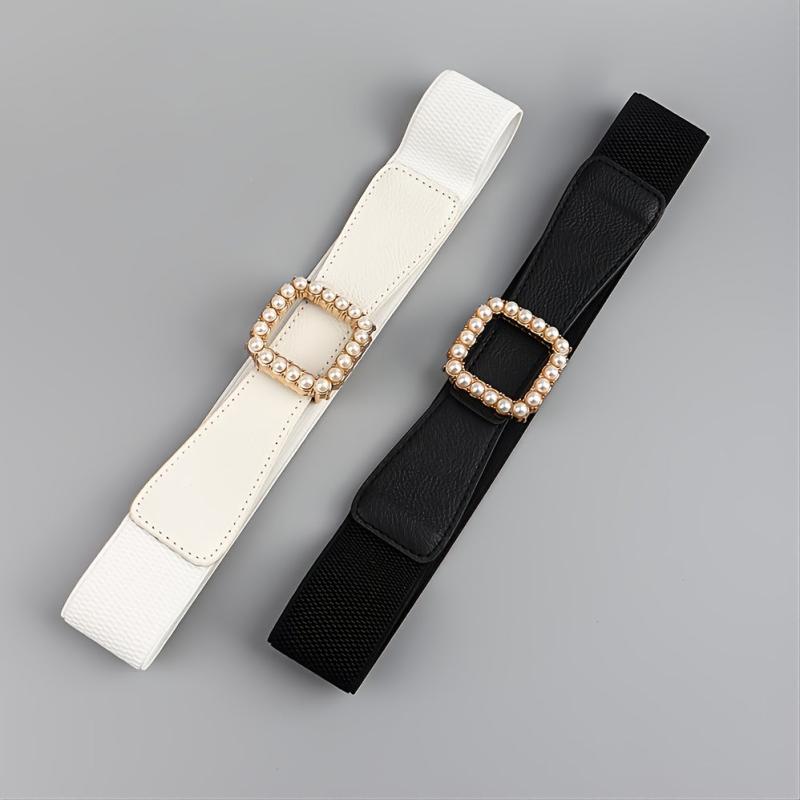 High Elasticity Ladies Square Buckle Pearl Belt With Dress