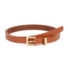 Women's Thin PU Leather Belt with Square Metal Buckle for Daily Commuting