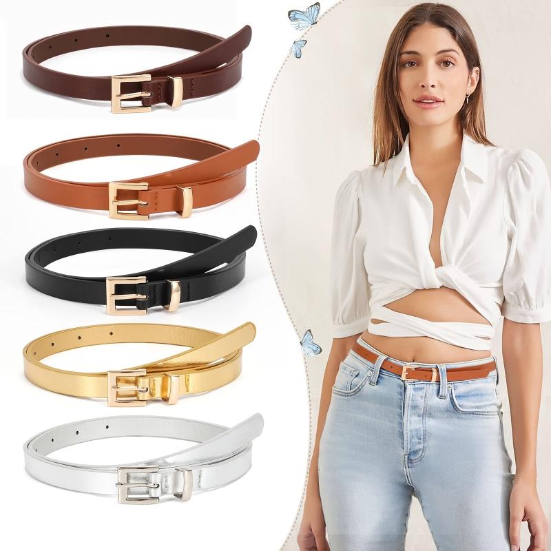 Women's Thin PU Leather Belt with Square Metal Buckle for Daily Commuting