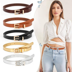 Women's Thin PU Leather Belt with Square Metal Buckle for Daily Commuting