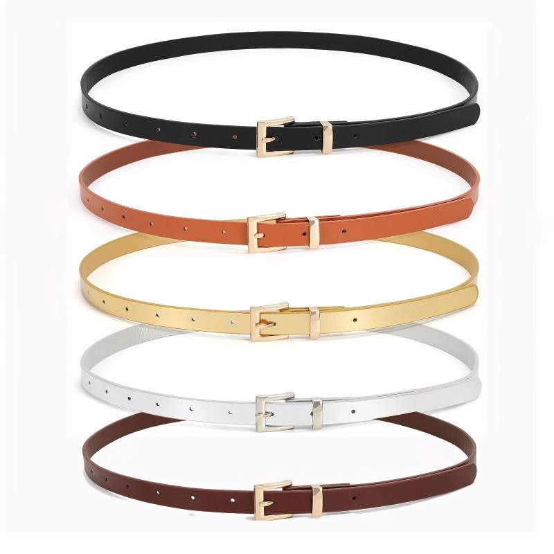 Women's Thin PU Leather Belt with Square Metal Buckle for Daily Commuting