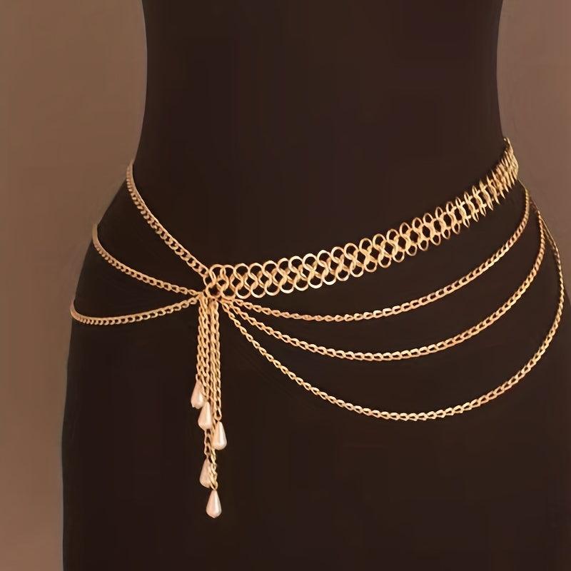 Boho Waist Chain Vintage Geometric Faux Pearl Fringe Belt
