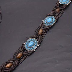 Turquoise Inlaid Braided Belt Boho Hollow Wax Rope Waistband Vintage Dress