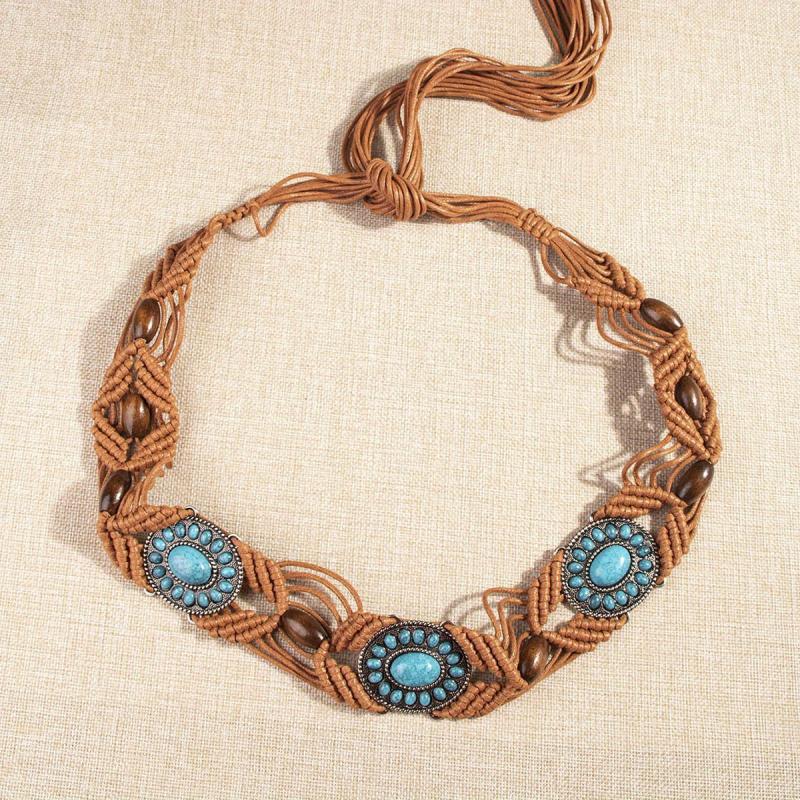 Turquoise Inlaid Braided Belt Boho Hollow Wax Rope Waistband Vintage Dress