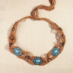 Turquoise Inlaid Braided Belt Boho Hollow Wax Rope Waistband Vintage Dress