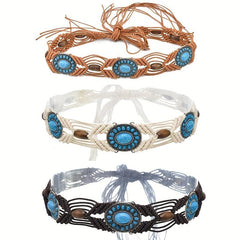 Turquoise Inlaid Braided Belt Boho Hollow Wax Rope Waistband Vintage Dress