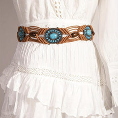 Turquoise Inlaid Braided Belt Boho Hollow Wax Rope Waistband Vintage Dress