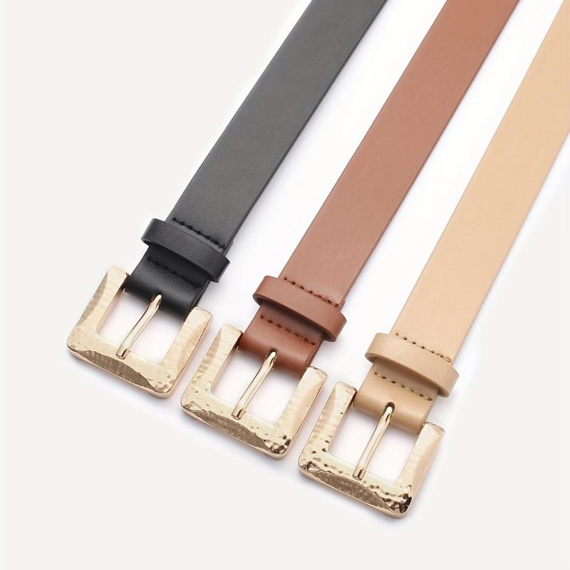 3pcs Golden Square Buckle Belt Solid PU Leather Waist Belt