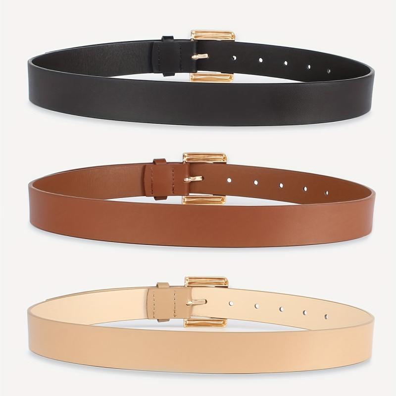 3pcs Golden Square Buckle Belt Solid PU Leather Waist Belt
