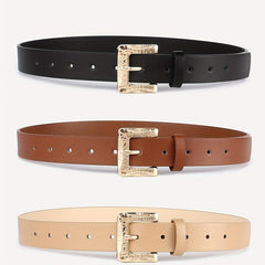 3pcs Golden Square Buckle Belt Solid PU Leather Waist Belt