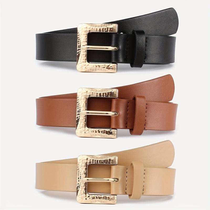 3pcs Golden Square Buckle Belt Solid PU Leather Waist Belt