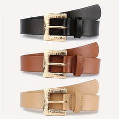 3pcs Golden Square Buckle Belt Solid PU Leather Waist Belt