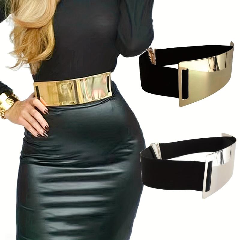 Metallic Glossy Wide Belt Waistband Punk Solid Elastic Waistband Belt
