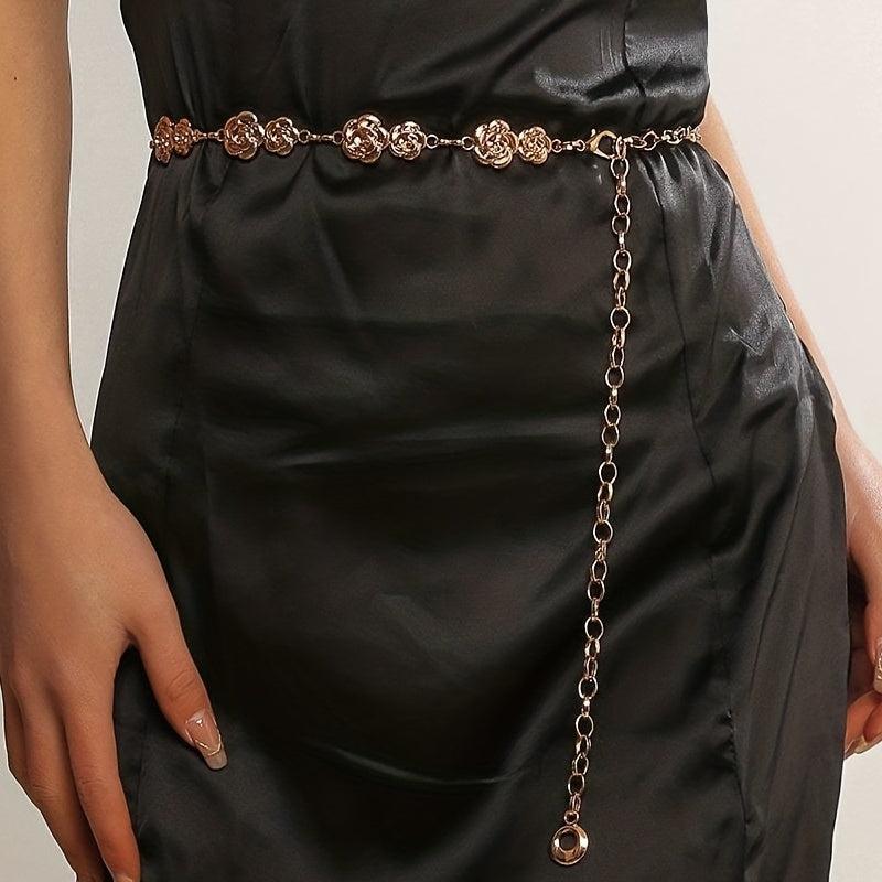 Double Rose Waist Chain Classic Golden Metal Chain Belt Dress Girdle
