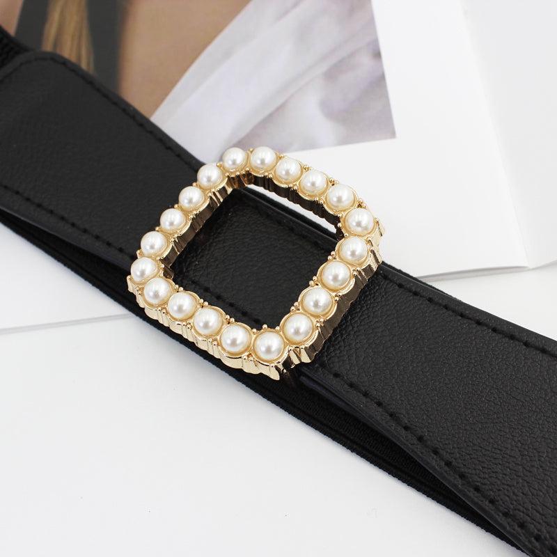 Women's Elastic Belt Square Pearls Buckle Waist Slimming Girdle